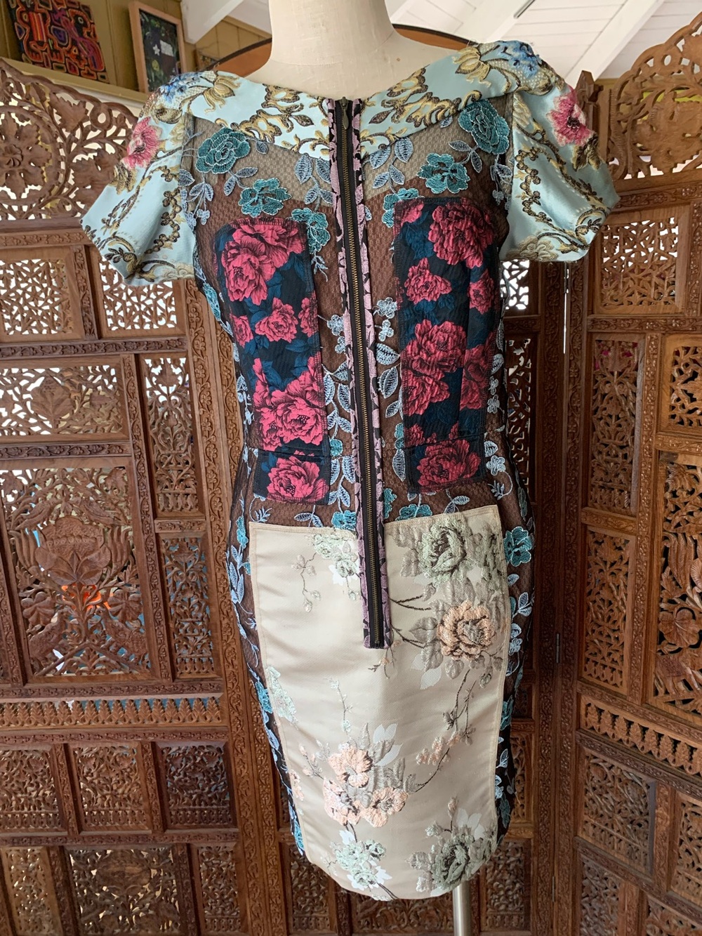 beguile by Byron Lars Embroidered Floral Midi Dress in Pink & Blue